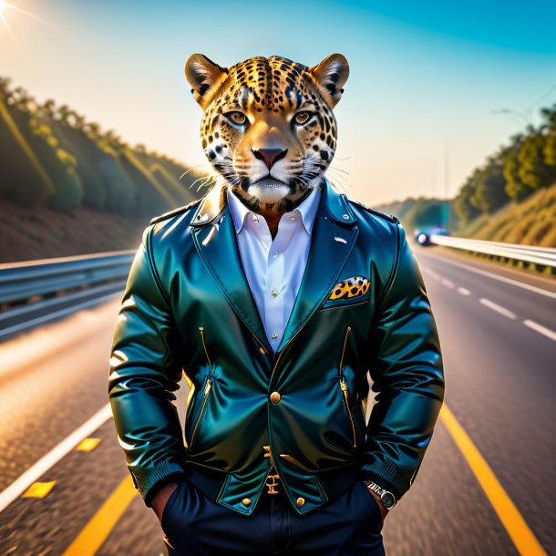 Image of a jaguar in a jacket on the highway