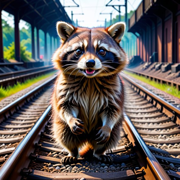 Picture of a playing of a raccoon on the railway tracks