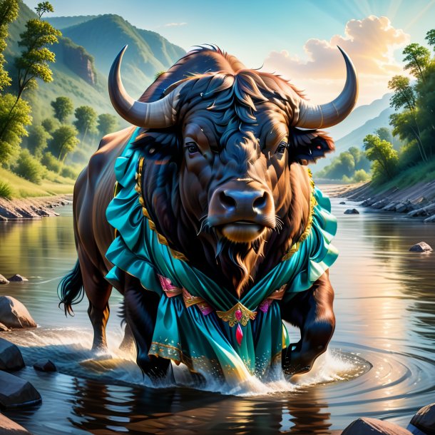 Illustration of a buffalo in a dress in the river