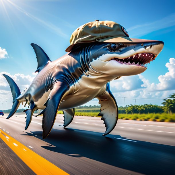 Image of a hammerhead shark in a cap on the highway