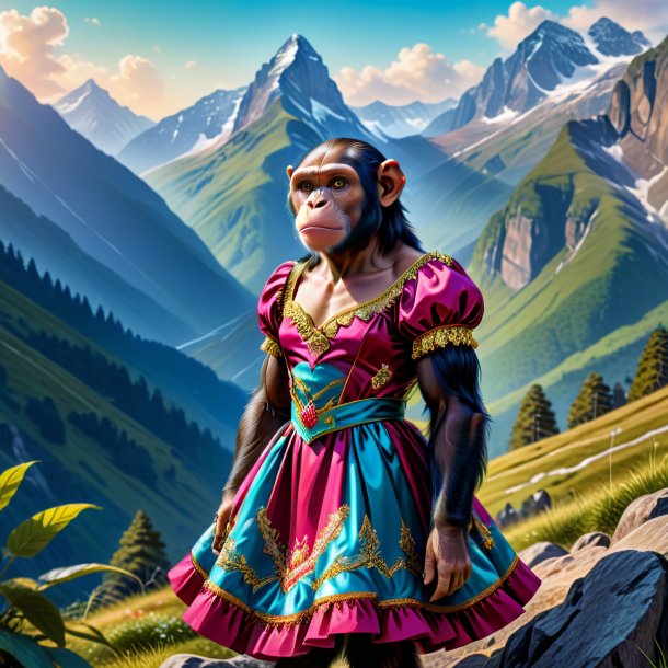 Illustration of a chimpanzee in a dress in the mountains