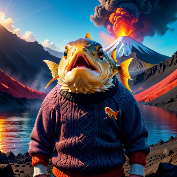 Picture of a carp in a sweater in the volcano