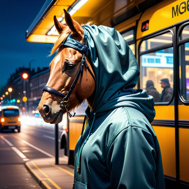 Imagem de um cavalo em um hoodie na parada de ônibus