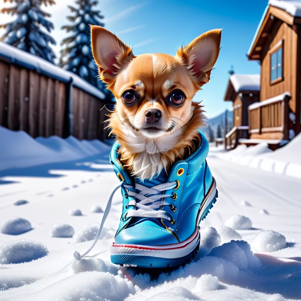 Imagem de um chihuahua em um sapatos na neve