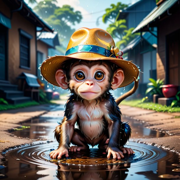 Illustration of a monkey in a hat in the puddle