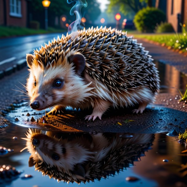 Photo of a smoking of a hedgehog in the puddle