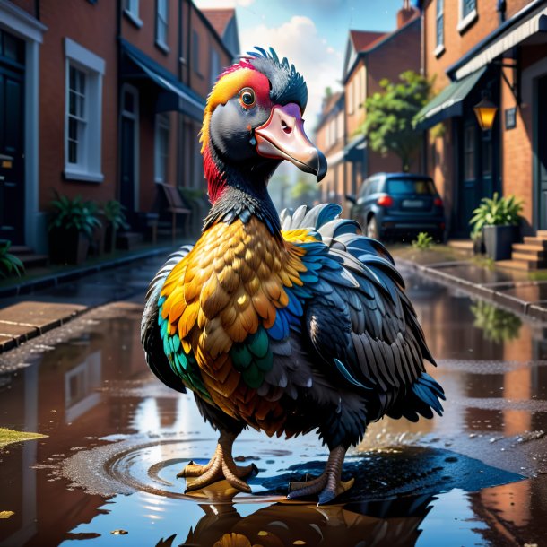 Illustration of a dodo in a vest in the puddle