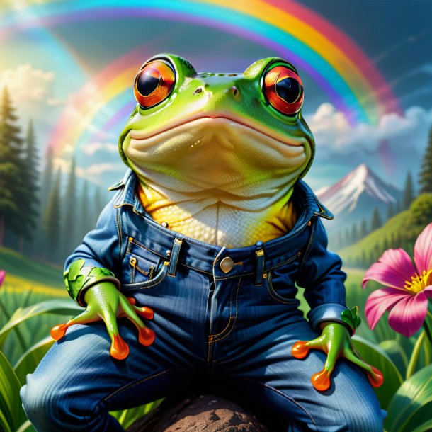 Drawing of a frog in a jeans on the rainbow