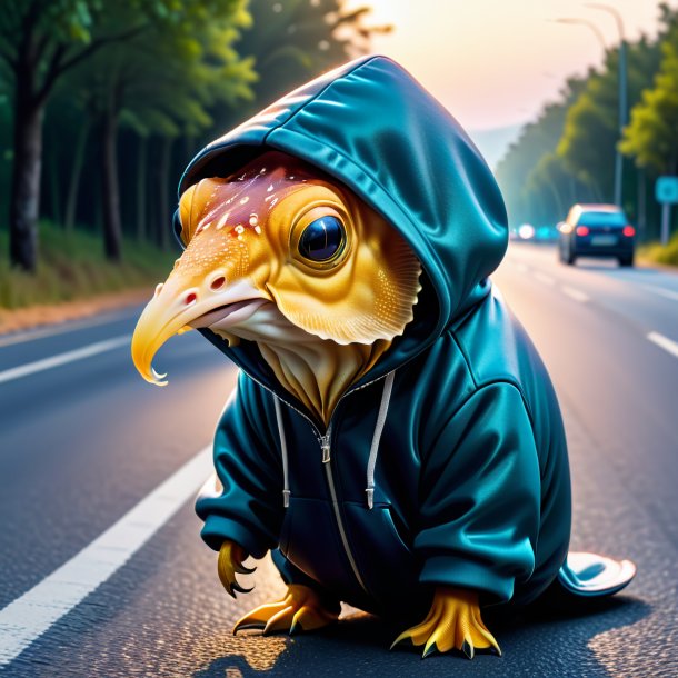 Picture of a cuttlefish in a hoodie on the road