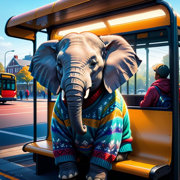 Ilustração de um elefante em um suéter no ponto de ônibus