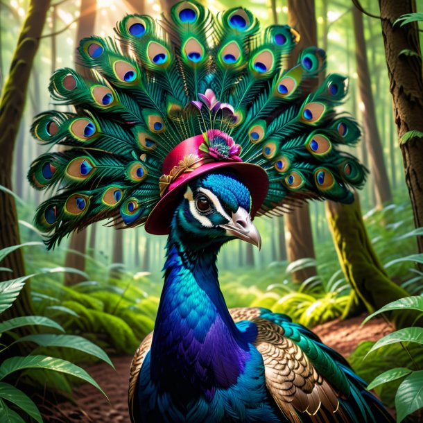 Foto de un pavo real en un sombrero en el bosque