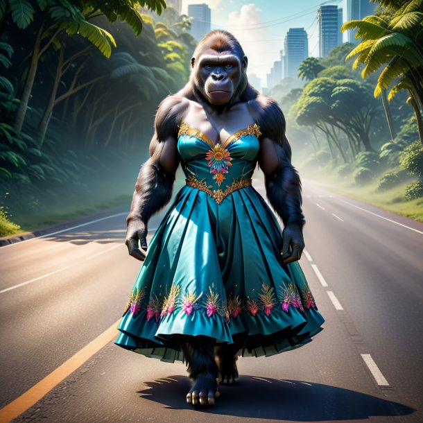 Illustration of a gorilla in a dress on the road