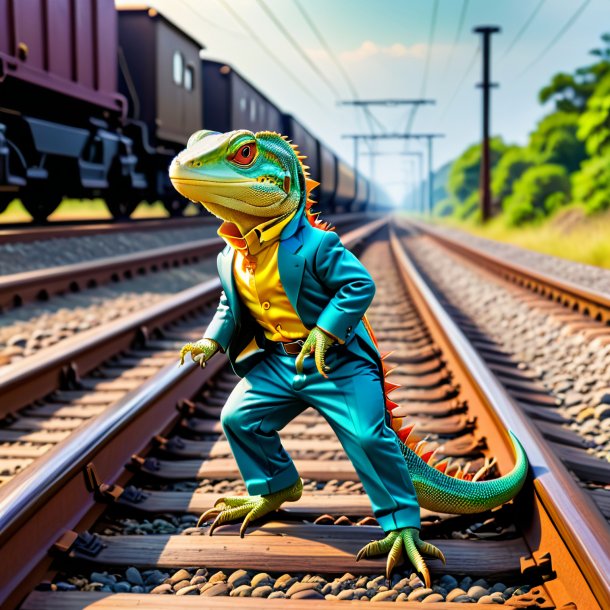 Imagem de um lagarto em uma calça nos trilhos ferroviários