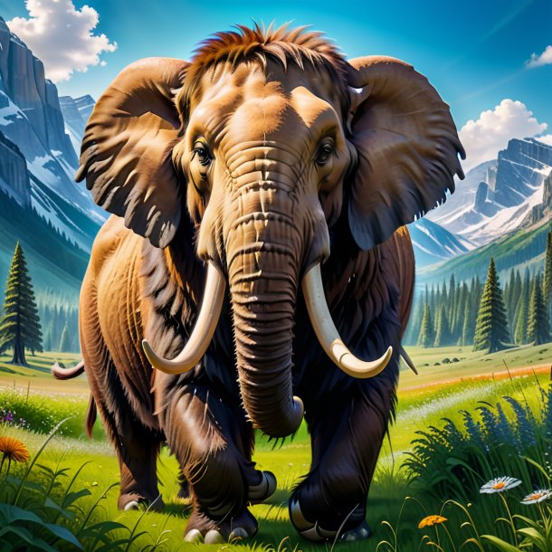 Photo of a smiling of a mammoth in the meadow