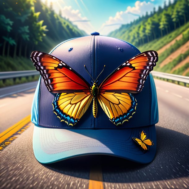 Drawing of a butterfly in a cap on the highway