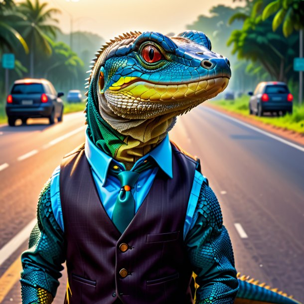 Drawing of a monitor lizard in a vest on the road