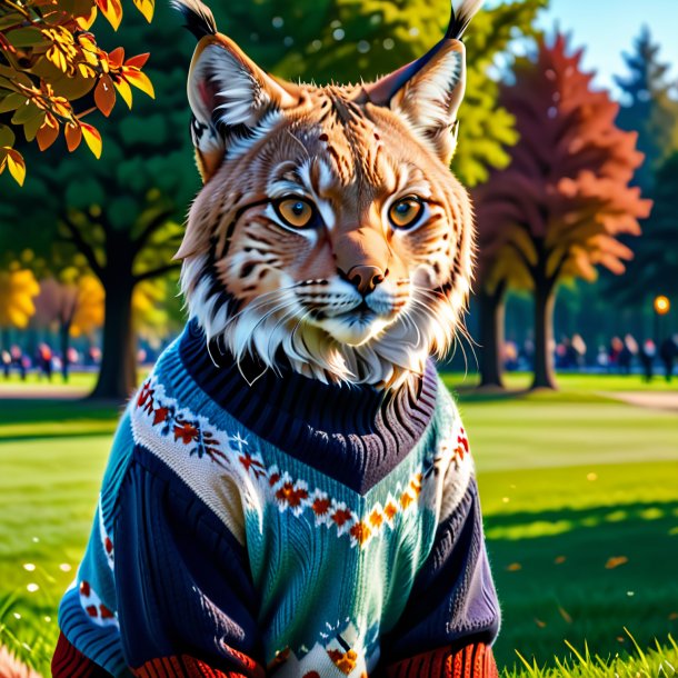 Picture of a lynx in a sweater in the park