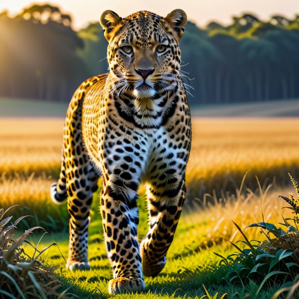 Um leopardo em uma calça no campo