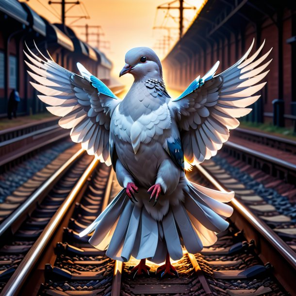 Drawing of a dove in a jacket on the railway tracks