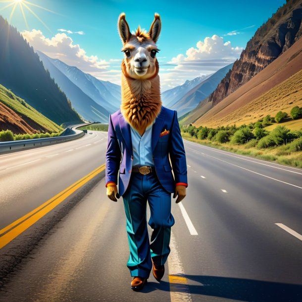 Drawing of a llama in a trousers on the highway