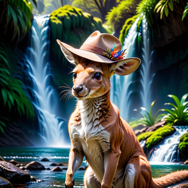 Picture of a kangaroo in a hat in the waterfall