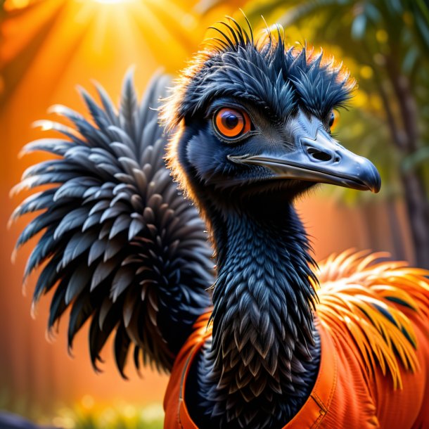 Foto de un emu en un jeans naranja