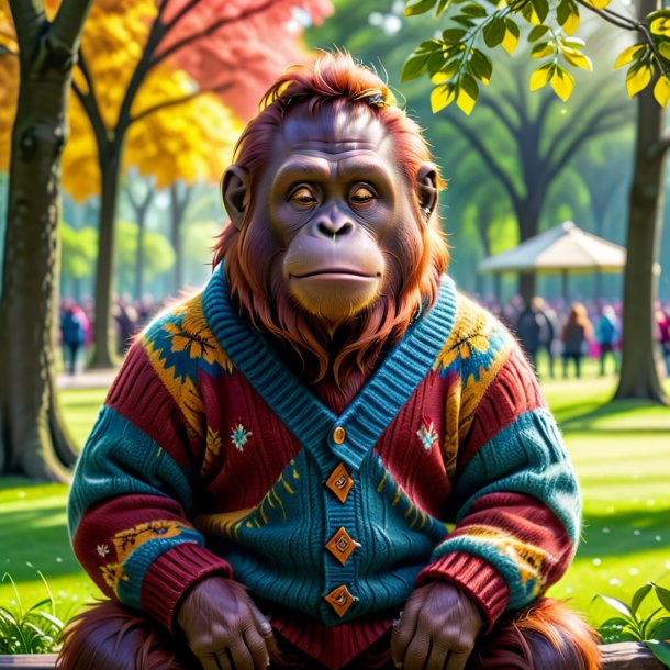 Photo of a orangutan in a sweater in the park