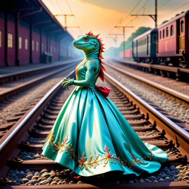 Image of a lizard in a dress on the railway tracks