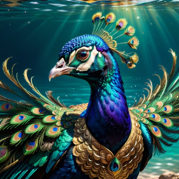 Drawing of a peacock in a vest in the water