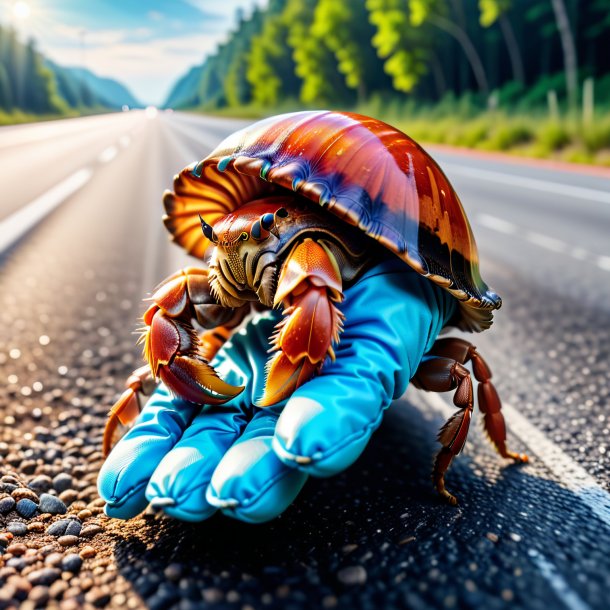 Foto de un cangrejo ermitaño en guantes en la carretera