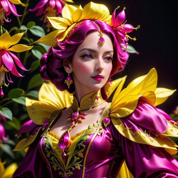 "figure d'un sultan doux fuchsia, jaune"