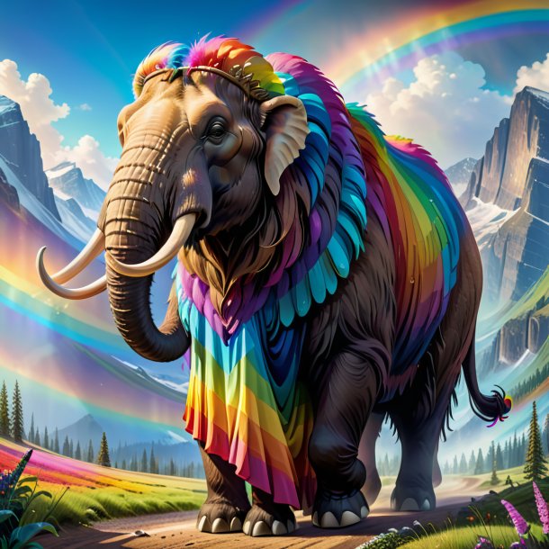 Illustration of a mammoth in a dress on the rainbow