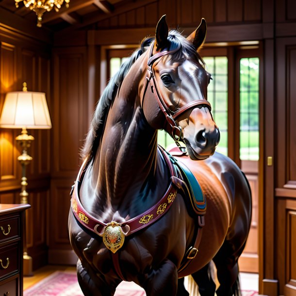 Pic d'un cheval dans une ceinture dans la maison