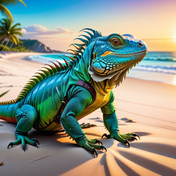 Drawing of a iguana in a belt on the beach