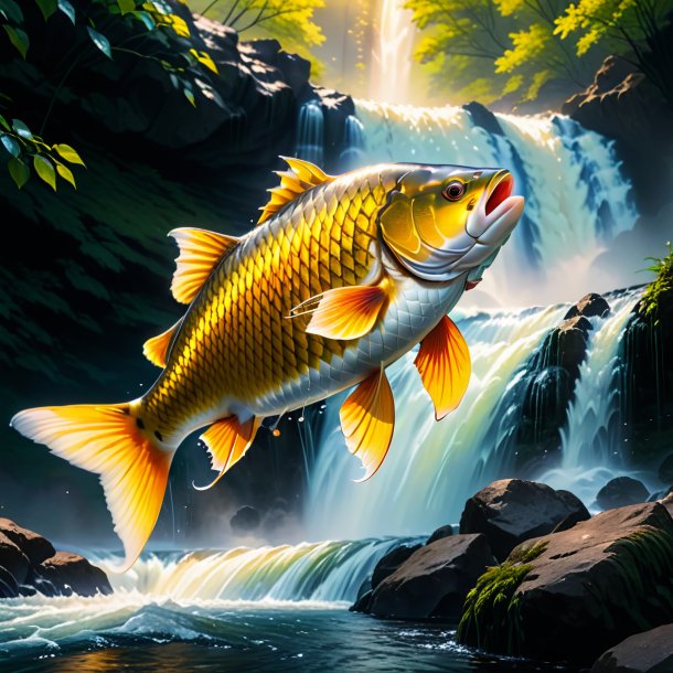 Photo of a carp in a coat in the waterfall