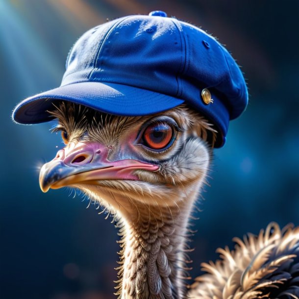 Pic of a ostrich in a blue cap