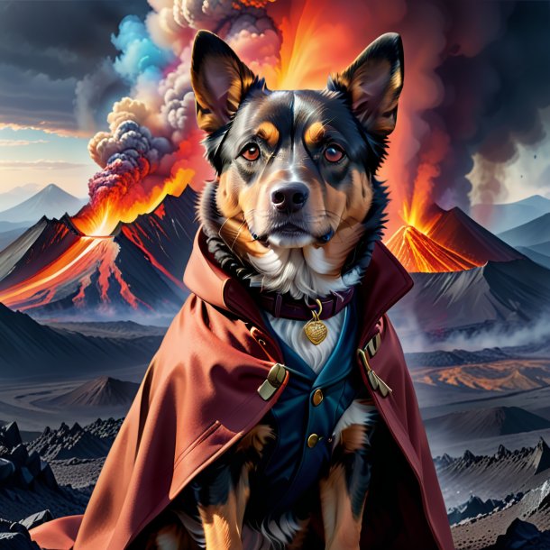 Illustration of a dog in a coat in the volcano