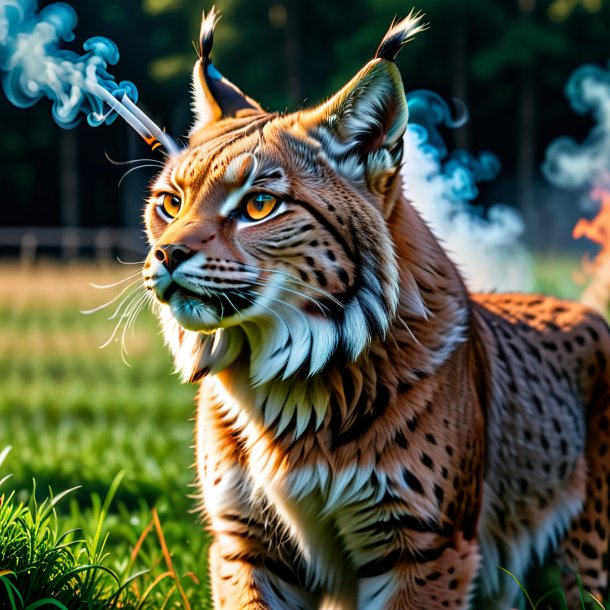 Foto de un fumar de un lince en el campo