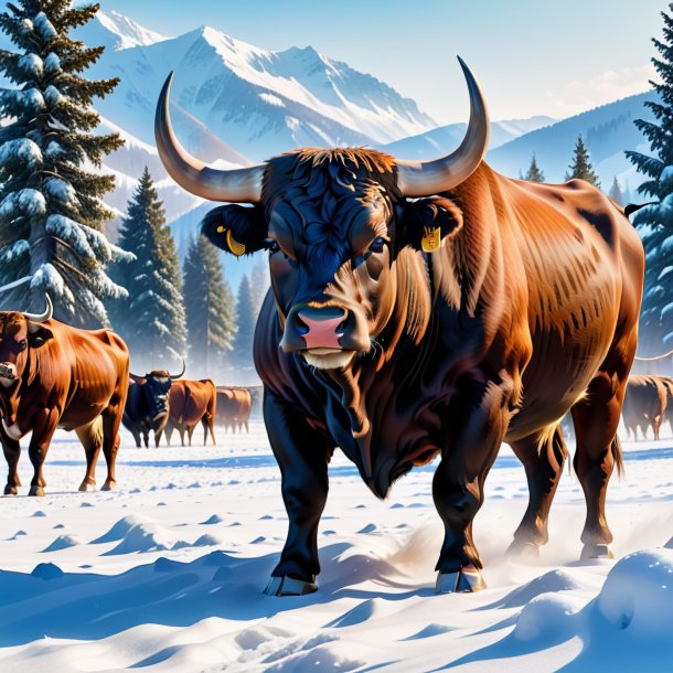 Picture of a waiting of a bull in the snow