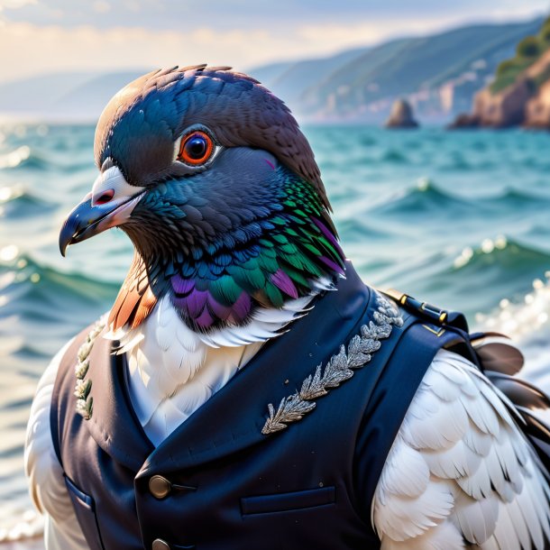 Image of a pigeon in a vest in the sea