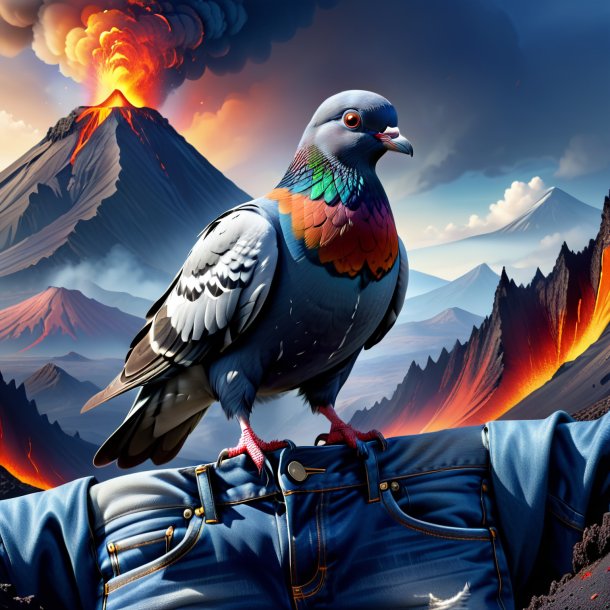 Illustration of a pigeon in a jeans in the volcano