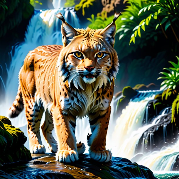 Picture of a threatening of a lynx in the waterfall