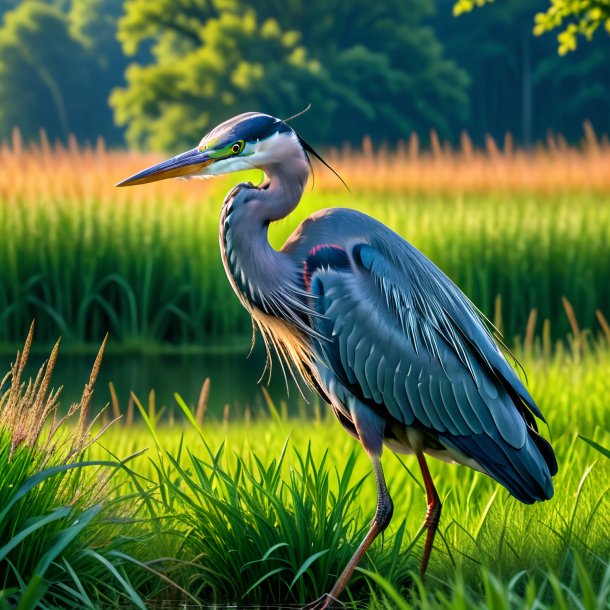 Pic d'une menace de héron dans la prairie