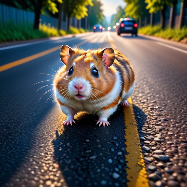 Photo of a swimming of a hamster on the road