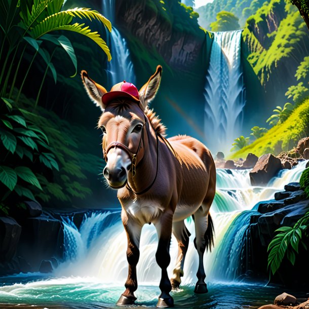 Photo of a donkey in a cap in the waterfall