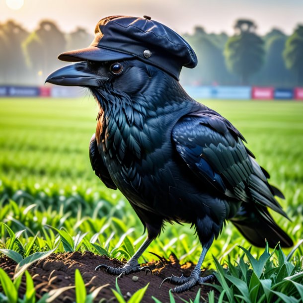 Foto de um corvo em um boné no campo