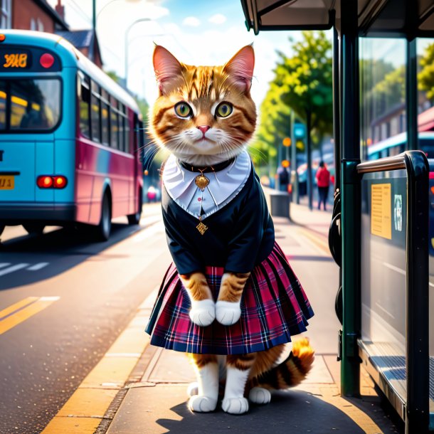 Retrato de um gato em uma saia no ponto de ônibus