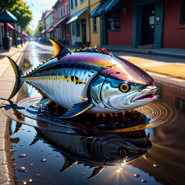 Drawing of a tuna in a cap in the puddle