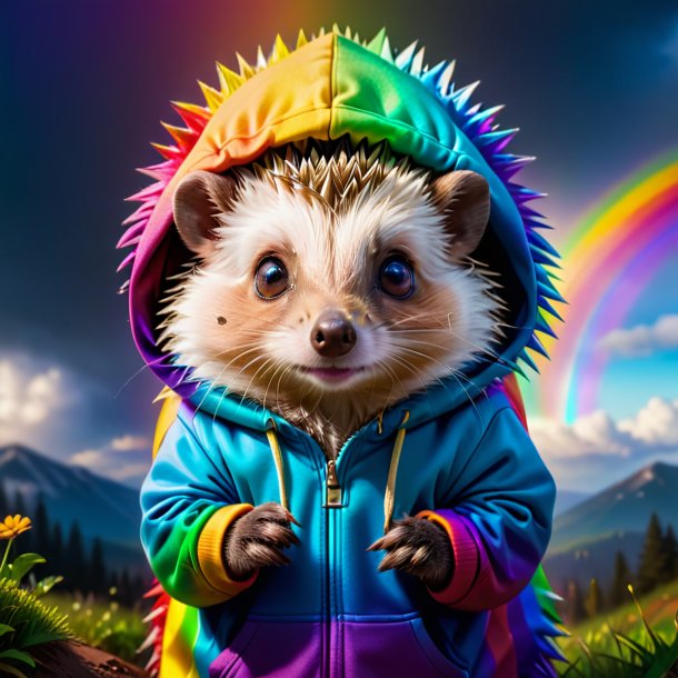 Image of a hedgehog in a hoodie on the rainbow