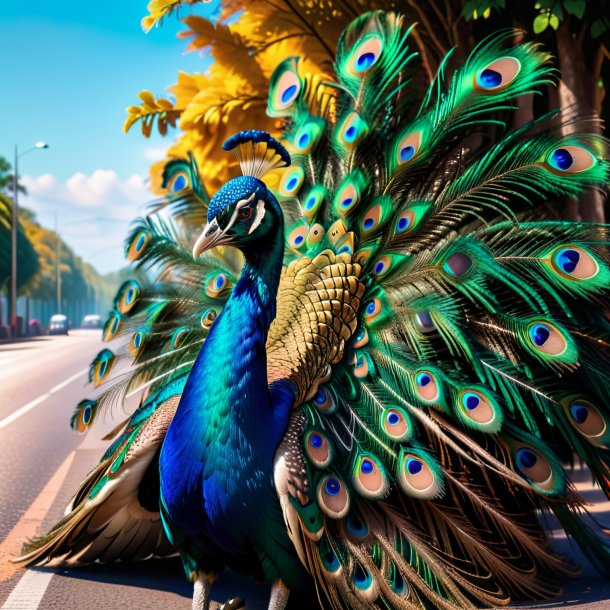 Picture of a resting of a peacock on the road